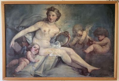 un tableau représentant une femme assise sur un lit avec plusieurs bébés