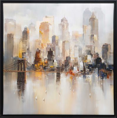 an oil painting of a cityscape with a bridge in the foreground