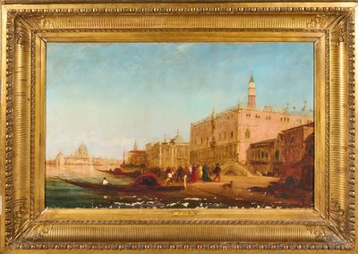 an image of a painting of a city scene with a boat in the foreground