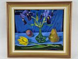 a painting of flowers in a vase and pears on a table