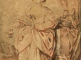 drawing of a woman sitting in a chair with a basket of fruit