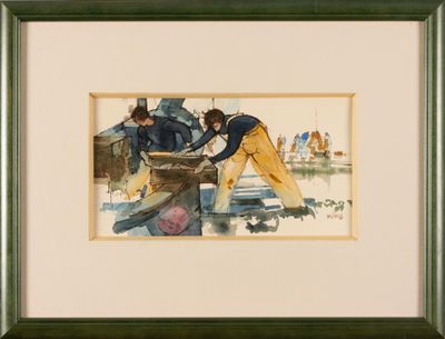 painting of two men working on a boat in the water