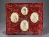 four framed portraits of people in red velvet with gold trim