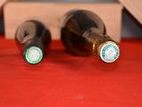 two bottles of wine sitting on a red table