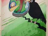 a painting of a bird sitting on a tree branch next to a plate of food