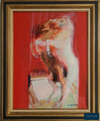 tableau représentant une femme à cheval sur fond rouge