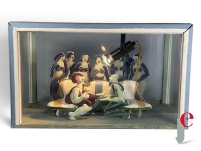 figurines of a group of people sitting on a bench in a shadow box