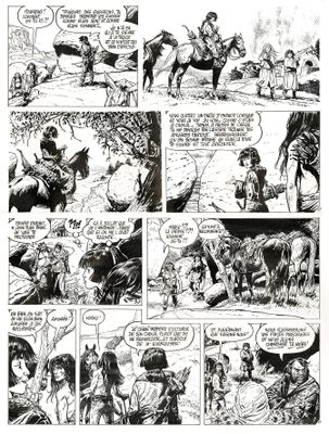 une page d'une bande dessinée avec, en arrière-plan, un homme à cheval