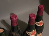 several bottles of wine are lined up on a counter