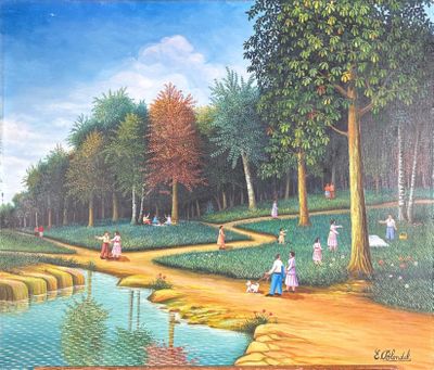 un tableau représentant des gens dans un parc au bord de l'eau