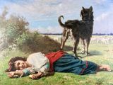 a painting of a woman laying in the grass with a dog
