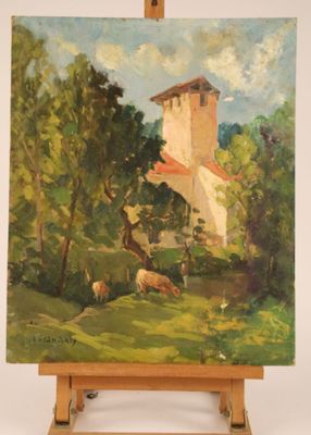une peinture à l'huile représentant une maison dans un champ, avec des moutons au premier plan