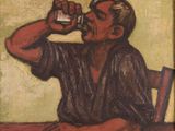 painting of a man sitting at a table drinking from a bottle