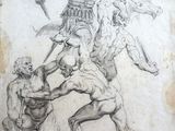 un vieux dessin représentant un groupe d'hommes se battant avec une femme