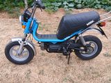 une photo d'un petit scooter garé dans un champ