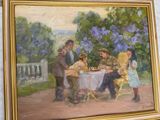 un tableau représentant une famille jouant aux échecs dans un parc