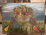 a painting of a bowl of fruit on a table