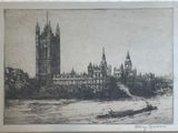 drawing of a view of big ben and the houses of parliament from across the river