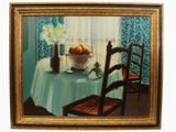 tableau représentant une table sur laquelle sont posés un bol de fruits et un vase de fleurs