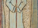 painting of an angel in a blue robe standing in a field
