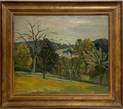 une peinture à l'huile représentant un champ avec des arbres et une maison au loin