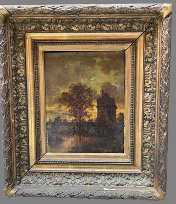 a painting of a landscape with a house and trees in a gold frame