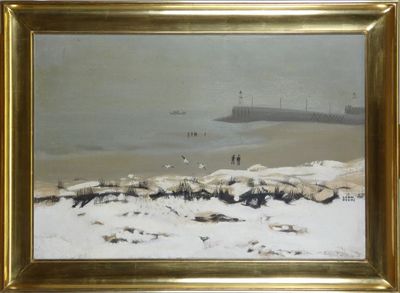 un tableau représentant des personnes marchant sur la plage sous la neige