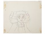 a drawing of a girl in a dress with a bow on her head