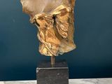 a close up of a sculpture of a head on a marble base