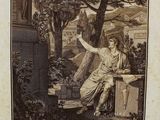 an old picture of a woman sitting on a bench in a garden