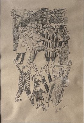 dessin représentant un groupe de personnes marchant dans la rue avec des parapluies