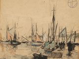une image représentant un dessin d'un port avec des bateaux et des personnes