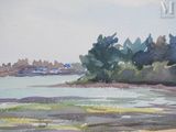 a watercolor painting of a beach with a boat in the water