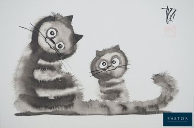 un tableau représentant deux chats assis l'un à côté de l'autre