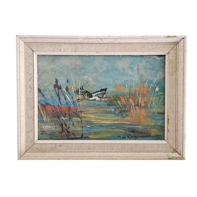 une peinture à l'huile représentant un oiseau survolant un plan d'eau