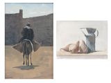 two paintings of a man riding a horse next to a cow