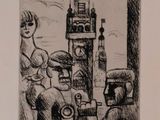 drawing of a woman sitting in a chair in front of a clock tower