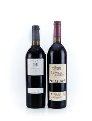 deux bouteilles de vin rouge posées l'une à côté de l'autre sur une surface blanche