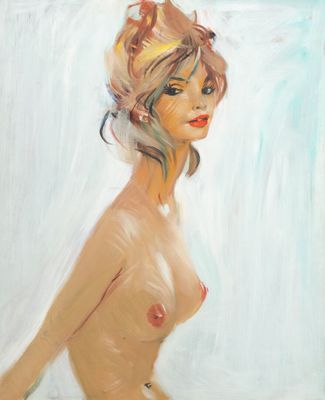 une peinture à l'huile représentant une femme nue coiffée d'une couronne