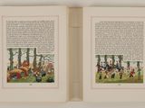 an open book with a picture of a group of people in the woods