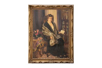 tableau représentant une femme en robe noire, assise sur une chaise et portant une étole en fourrure