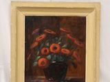 a painting of flowers in a vase on a table