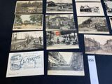 several old black and white photographs of buildings and people on the street