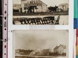 an old black and white photo of a horse drawn carriage in front of a building