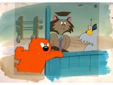 an image of a cartoon of a cat and a bird on a bed