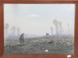 a picture of a painting of a man and a dog in a field