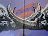 tableau représentant deux taureaux se battant devant une montagne