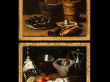 two paintings of food on a table with a bowl of fruit and a basket of fish