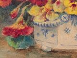 a painting of flowers in a blue and white vase