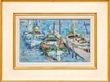 un tableau représentant un groupe de bateaux amarrés dans un port
